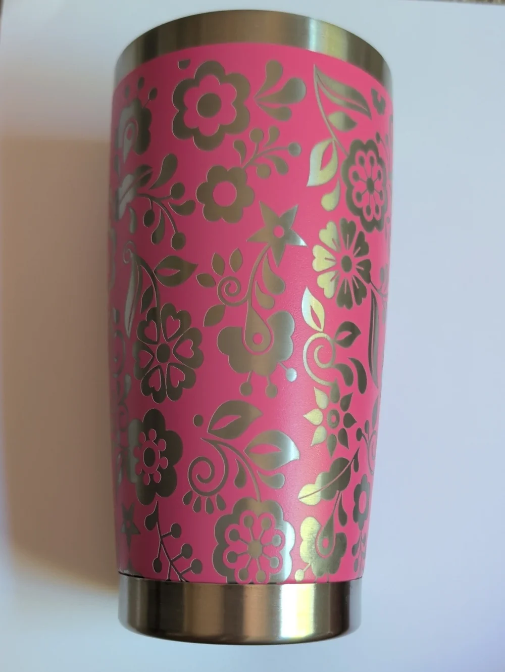 20 Oz Pink Floral Stainless Steel Tumbler with Clear Lid - New - Full 360 Etchin